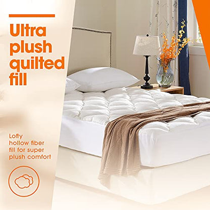  Soft And Plush Bamboo Fitted Mattress Topper - Twin Size - Plush Eco Friendly Mattress Protector Cover For Bedding - (Queen)