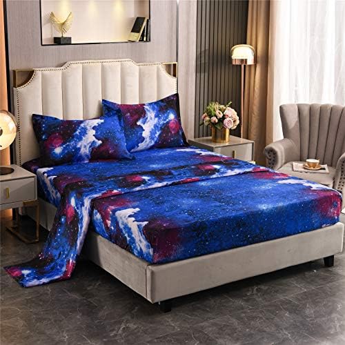  A Nice Night Galaxy 3D Printing Bed Sheet Bedding Set,Soft Microfiber Fitted Sheet Set,Galaxy Themed Sheets 4 Pcs Flat Sheet& Fitted Sheets With 2 Pillowcases (Full, 07)