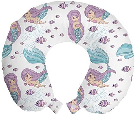  Ambesonne Mermaid Travel Pillow Neck Rest, Underwater Fantasy Fish Girl Woman Swimming Exotic Cartoon, Memory Foam Traveling Accessory For Airplane And Car, 12", Lilac Blue