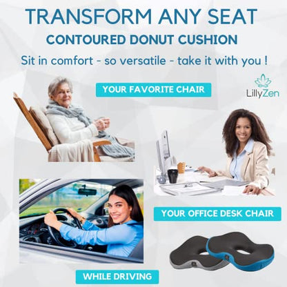  Lillyzen Donut Pillow For Tailbone Pain Relief Memory Foam Cushion Orthopedic Seat Pressure Relief Sitting Coccyx Sciatica Hemorrhoid Pregnancy Postpartum Office Chair Butt Pillows (Black Blue)