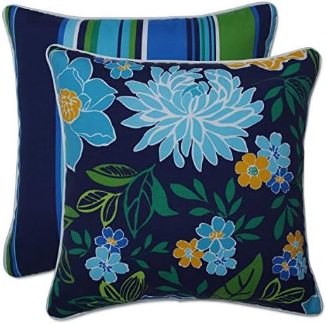  Pillow Perfect Reversible Floral Stripe Outdoor Throw Accent Pillow, Plush Fill, Weather, And Fade Resistant, Large Square - 18.5" X 18.5", Brown/Orange Annie, 2 Count