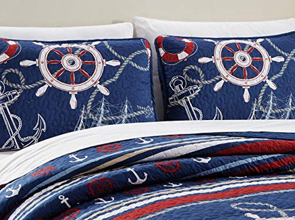  Better Home Style 3 Piece Light & Dark Blue White Red Striped Nautical Ships Helms Anchors Sailor Printed Design Quilt Coverlet Bedspread Oversized Bed Cover Set # 10586 (Full/Queen)