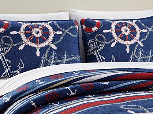  Better Home Style 3 Piece Light & Dark Blue White Red Striped Nautical Ships Helms Anchors Sailor Printed Design Quilt Coverlet Bedspread Oversized Bed Cover Set # 10586 (Full/Queen)
