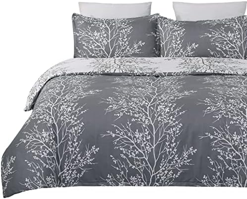  Lightweight Microfiber Duvet Cover Set, Grey And White Floral Branches Printed Pattern - King Size 3-Piece Set (1 Duvet Cover 2 Pillowcases)