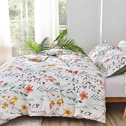  Loral Duvet Cover Queen Size - White Yellow Flowers And Green Leaf Spring Botanical Printed Microfiber Comforter Cover Set - 3PC 90X90 Soft And Lightweight Quilt Cover, Farmhouse Style For Women Men