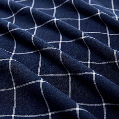  - Navy Grid Duvet Cover Set, 100% Washed Cotton Bedding, Navy Blue With White Grid Plaid Geometric Pattern Printed, With Zipper Closure (3pcs, Twin Size)
