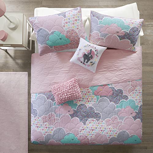  Urban Habitat Kids Reversible Cotton Quilt Set - Vibrant Fun, Playful Print, All Season Children Bedding Coverlet Bedspread, Decorative Pillow, Bedroom Décor, Twin/Twin XL, Cloud Pink 4 Piece