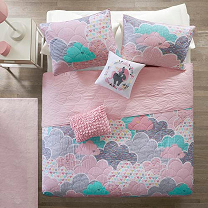  Urban Habitat Kids Reversible Cotton Quilt Set - Vibrant Fun, Playful Print, All Season Children Bedding Coverlet Bedspread, Decorative Pillow, Bedroom Décor, Twin/Twin XL, Cloud Pink 4 Piece