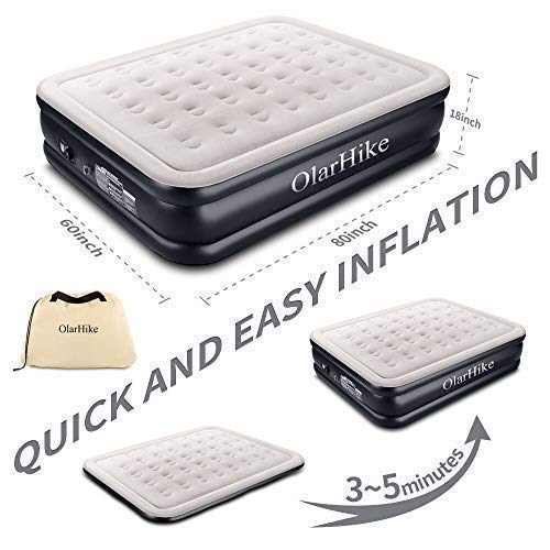  OlarHike Queen Size Air Mattress With Built-in Pump, Inflatable Blow Up Air Bed Raised Double High Airbed Height: 18", Grey