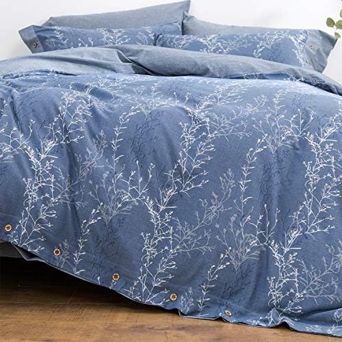  OREISE Duvet Cover Set Full/Queen Size Washed Cotton Yarn, Jacquard Green And White Thin Branch Pattern Floral Style 3Piece Bedding Set