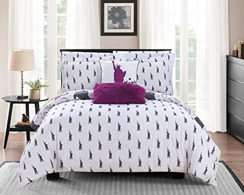  Chic Home Liberty 9 Piece Reversible Comforter New York Inspired Printed Design Bed In A Bag-Sheet Set Decorative Pillows Shams Included Size, Queen, Purple