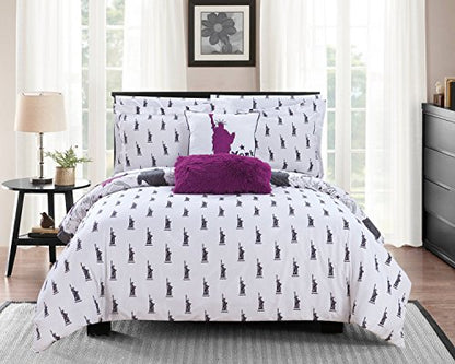  Chic Home Liberty 9 Piece Reversible Comforter New York Inspired Printed Design Bed In A Bag-Sheet Set Decorative Pillows Shams Included Size, Queen, Purple