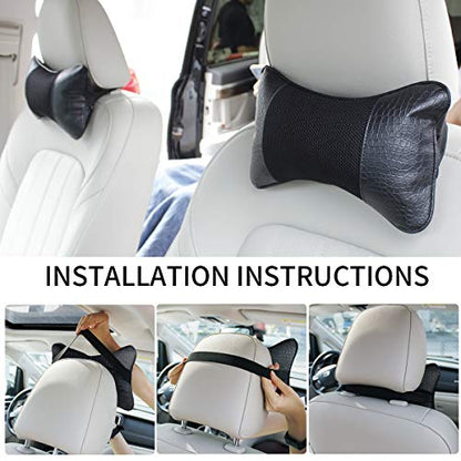  YIHO Car Neck Support Pillow Leather Head-Rest Cushion To Relief Cervical Shoulder Pain Issues For Universal Driver & Passenger Seat In Travel Or Office Chair (Black-2 Pack)