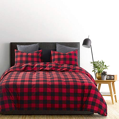  Wake In Cloud - Red Black Plaid Duvet Cover Set, 100% Washed Cotton Bedding, Buffalo Check Gingham Plaid Geometric Checker Pattern, With Zipper Closure (3pcs, Queen Size)