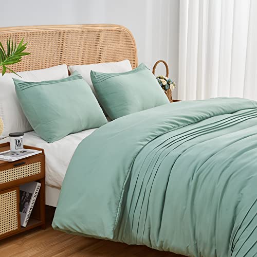  Sage Green Duvet Cover King Size Pleated Duvet Cover Set Soft Microfiber With 2 Pillowcases Zipper Closure Bedding Set (Sage Green, 104"x90")