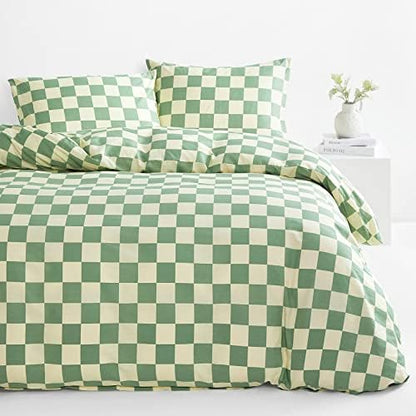  - Green And Light Yellow Checkered Duvet Cover Set, 100% Cotton Bedding, Buffalo Plaid Gingham Checkerboard Geometric Pattern, With Zipper Closure (3pcs, King Size)