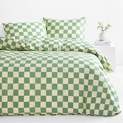  - Green And Light Yellow Checkered Duvet Cover Set, 100% Cotton Bedding, Buffalo Plaid Gingham Checkerboard Geometric Pattern, With Zipper Closure (3pcs, King Size)