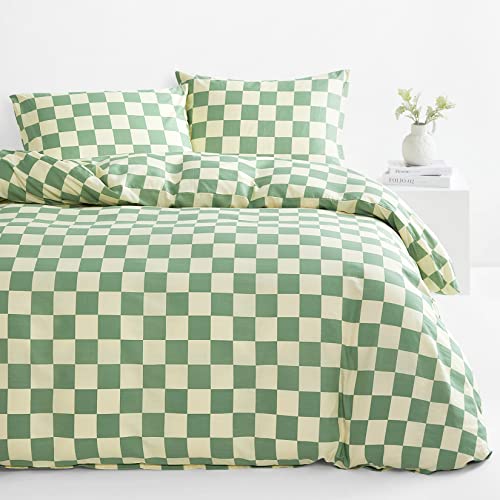  - Green And Light Yellow Checkered Duvet Cover Set, 100% Cotton Bedding, Buffalo Plaid Gingham Checkerboard Geometric Pattern, With Zipper Closure (3pcs, King Size)