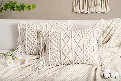 HOMESUNSHINE Macrame Lumbar Pillow Cover-Set Of 2 With Tassels Rectangualr Cushion Covers Boho Throw Pillow Cover For Couch, Sofa, Bed, Farmhouse, Chair, Dining, Patio, Outdoor, Car (B)