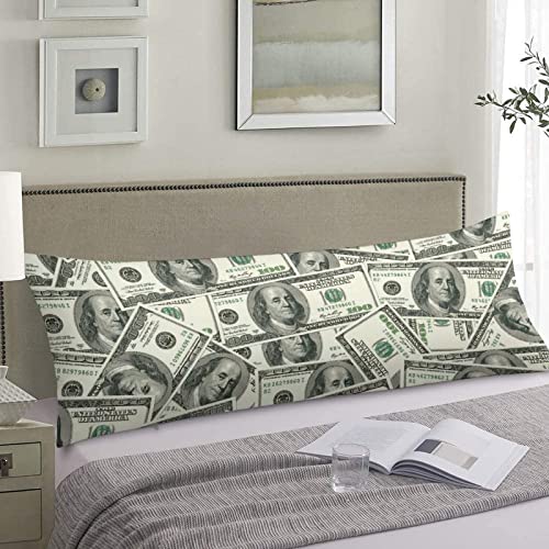  100 Dollar Bills Body Pillow Cover Funny USA Cash Current Money Us Dollars Long Pillow Case Protector With Zipper Rectangle Soft Large Pillow Cases Covers For Bedding,Couch,Sofa,Home Gifts 20"x54"