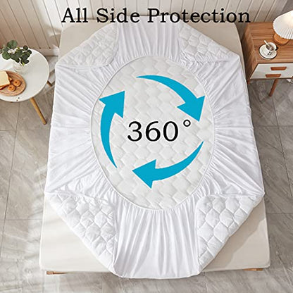  Waterproof Mattress Pad, Queen Size Quilted Fitted Mattress Pad, 100% Waterproof Breathable Soft Mattress Protector Stretches Up To 8-18 Inches, Cooling Mattress Topper For Queen Size Bed