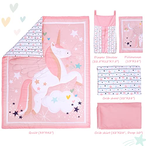  5 Piece Crib Bedding Set For Girls Unicorns Baby Girl Bedding Crib Set Nursery Bedding Sets - Crib Quilt Crib Sheet Pillowcase Crib Skirt Diaper Stacker