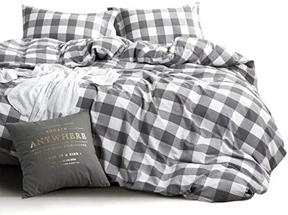  Wake In Cloud - Red Black Plaid Duvet Cover Set, 100% Washed Cotton Bedding, Buffalo Check Gingham Plaid Geometric Checker Pattern, With Zipper Closure (3pcs, Queen Size)