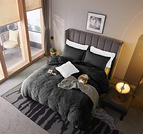  3pc Fluffy Plush Shaggy Duvet Cover Faux Fur Fluffy Comforter Bed Sets Ultra Soft Velvet Bedding Sets (1 Faux Fur Duvet Cover + 2 Pompoms Fringe Pillowcases) Zipper Closure Dark Grey, King