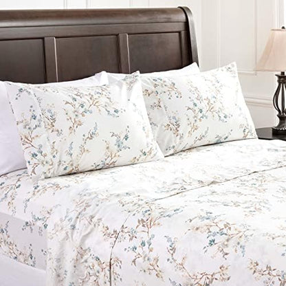  Traditional Floral Printed Elegant Patterned King Bed Sheet Set 4-Piece - 1 Flat Sheet 1 Fitted Sheet And 2 Pillowcases - Ultra Soft Wrinkle Stain Resistant Microfiber Sheets - Blue