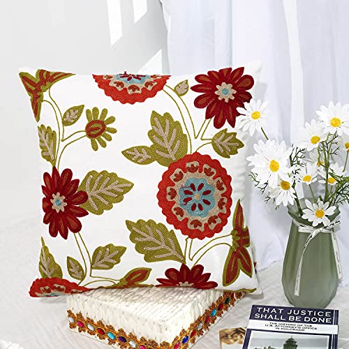  Oneslong Throw Pillow Case Covers - Set Of 2-100% Cotton, Decorative Floral Embroidered Design On Solid Natural White Background For Couch, Sofa, Bed - 18 X 18 Inches - Cushion Not Included