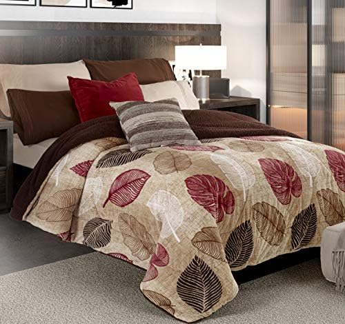  Primor Casa Premium MicroMink Otono Sherpa Comforter Oversize Blanket - Ultra Soft - Ultra Warm - Brown, Beige With Burgundy Fall Autumn Leaf/Leaves Design - Elegant And Modern (Queen/Full Size)