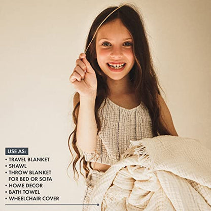  Cotton Muslin Blanket 4-Layer Ivory Blankets For Adult 79 X 83 Inch Extra Large Lightweight Soft Breathable Throw Comfort Blanket All Season