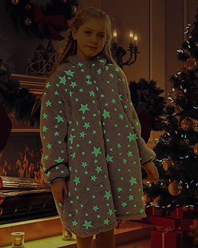  Uttermara Wearable Blanket Hoodie, Zipper Oversized Hoodie Blanket For Kids, Sherpa Hooded Blanket With Hood, Pocket & Sleeve, One Size Fits All, Stars Print Glow In The Dark