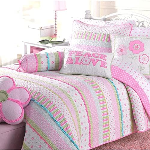  Cozy Line Home Fashions Pink Flower Lace Ruffle Stripe Shabby Chic Girl 100% Cotton Reversible Quilt Bedding Set, Coverlet, Bedspread (Pink Lace, Twin - 2 Piece: 1 Quilt + 1 Sham)