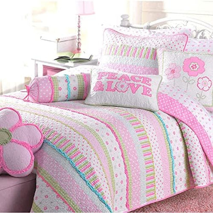  Cozy Line Home Fashions Pink Flower Lace Ruffle Stripe Shabby Chic Girl 100% Cotton Reversible Quilt Bedding Set, Coverlet, Bedspread (Pink Lace, Twin - 2 Piece: 1 Quilt + 1 Sham)