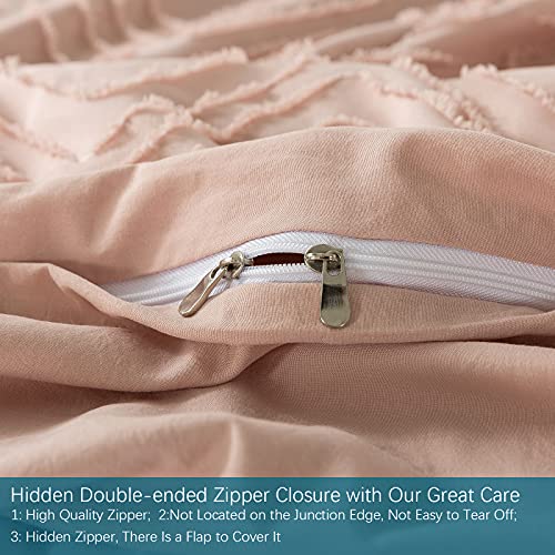  Jacquard & Tufted Pink Duvet Cover Queen Size Bedding Set, Soft, All Seasons, With Double-end Sliders Zipper Closure, 8 Ties, 3 Pieces (2 Pillowcase, 1 Duvet Cover), Q Pink