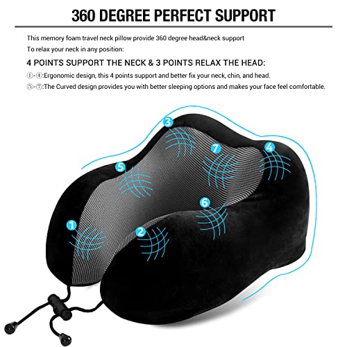 Findigit Travel Neck Pillow 100% Pure Memory Foam Pillow, Airplanes & Car Sleep Neck, Comfortable & Breathable Cover, Machine Washable, Travel Kit With Eye Masks, Earplugs, And Luxury Bag (Black)