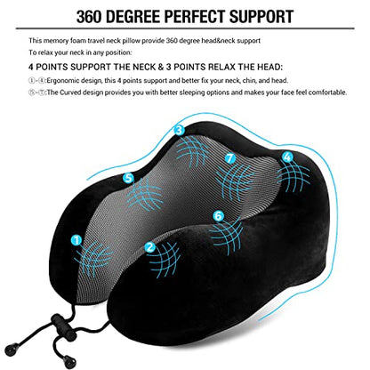  Findigit Travel Neck Pillow 100% Pure Memory Foam Pillow, Airplanes & Car Sleep Neck, Comfortable & Breathable Cover, Machine Washable, Travel Kit With Eye Masks, Earplugs, And Luxury Bag (Black)