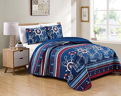  Better Home Style 3 Piece Light & Dark Blue White Red Striped Nautical Ships Helms Anchors Sailor Printed Design Quilt Coverlet Bedspread Oversized Bed Cover Set # 10586 (Full/Queen)
