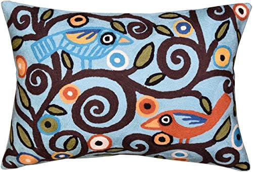  Kashmir Designs Lumbar Cushion Cover Hand Embroidered Wool 13x21 (Lumbar Poppy Pillow Cover Turquoise)