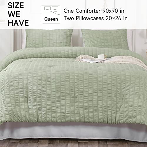  YOZEN Sage Green Queen Seersucker Comforter Set (90x90 Inch), 3 Pieces Textured Comforter With 2 Pillowcases, Soft Lightweight Microfiber Down Alternative Bedding Set For All Season