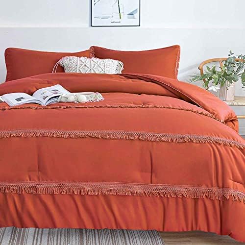  Queen Size Comforter Set, Burnt Orange Boho Tassel Down Alternative Filling Bed Sets - 90 X 90 3PC Soft Microfiber Chic Bohemian Farmhouse Bedding Duvet In A Bag For Women Men, Terracotta, Rust