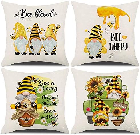  KACOPOL Sunflower Pillow Covers Set Of 4 18x18 Rustic Flower Market Farmhouse Truck Sunflower Bee Gnomes Home Eocr Throw Pillow Case Cushion Cover Spring Summer Decorations (Yellow-Hello Sunshine)