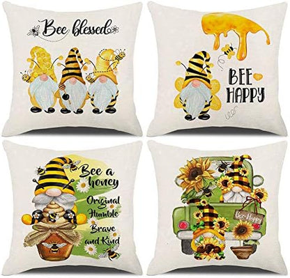  KACOPOL Sunflower Pillow Covers Set Of 4 18x18 Rustic Flower Market Farmhouse Truck Sunflower Bee Gnomes Home Eocr Throw Pillow Case Cushion Cover Spring Summer Decorations (Yellow-Hello Sunshine)