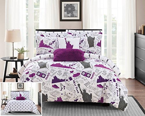  Chic Home Liberty 9 Piece Reversible Comforter New York Inspired Printed Design Bed In A Bag-Sheet Set Decorative Pillows Shams Included Size, Queen, Purple