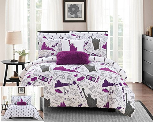  Chic Home Liberty 9 Piece Reversible Comforter New York Inspired Printed Design Bed In A Bag-Sheet Set Decorative Pillows Shams Included Size, Queen, Purple