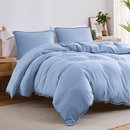 Pink Duvet Cover Queen Size, 3 Pieces Soft Washed Microfiber Duvet Cover Set With Boho Pom Pom Fringe, Pink, 90x90 Inches