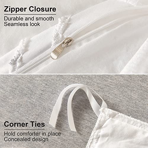  White Tufted Duvet Cover King Size (104x90 Inch), 3 Pieces Boho Soft Microfiber Bedding For All Seasons, Shabby Chic Embroidery Geometric Comforter Cover With Zipper Closure Corner Ties