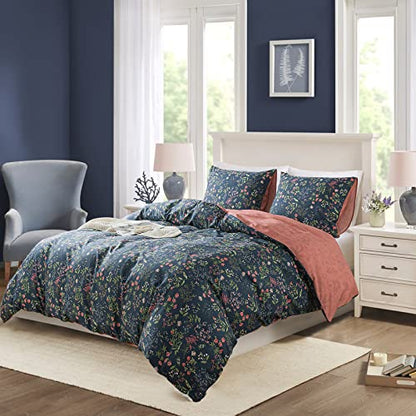  NEWLAKE Cotton Duvet Cover Queen Size - Soft Breathable Duvet Cover Set 3 Pieces With Zipper Closure, 1 Duvet Cover 90x90 Inches And 2 Pillow Shams, Navy Classic Floral Pattern