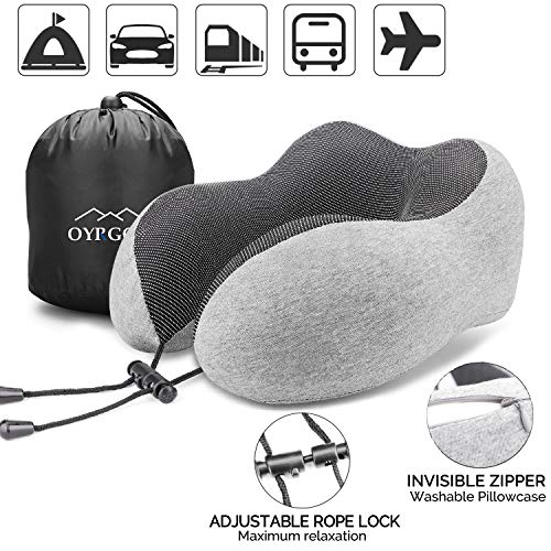  OYRGCIK Travel Pillow, 100% Pure Memory Foam Neck Pillow, Soft & Breathable Cotton Cover, Machine Washable Airplane Travel Kit U Shaped Pillow With 3D Contoured Eye Mask, Earplugs, & Travel Bag, Gray